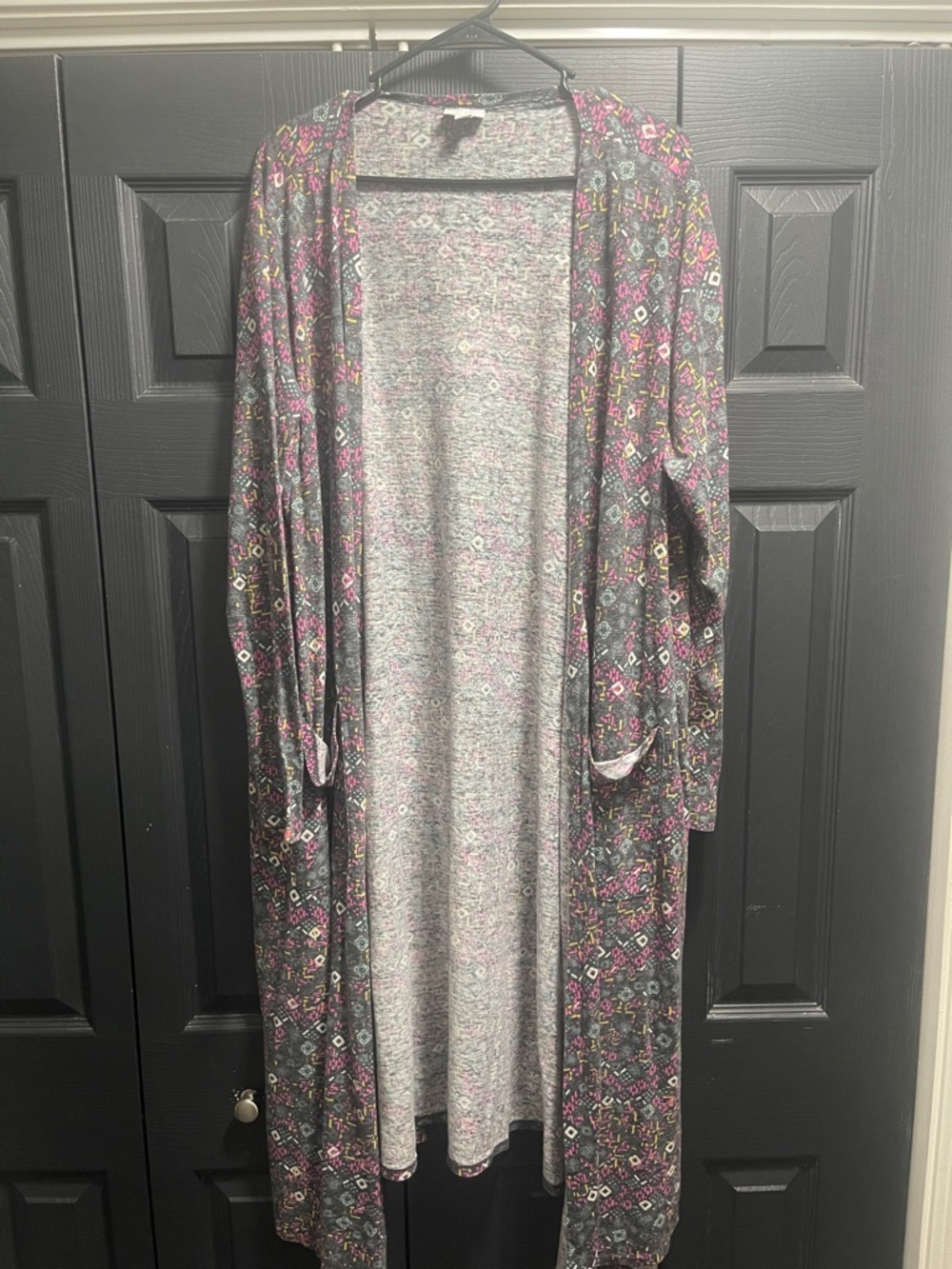 LuLaRoe Long Open Front Cardigan in Black with Pink and Purple Pattern